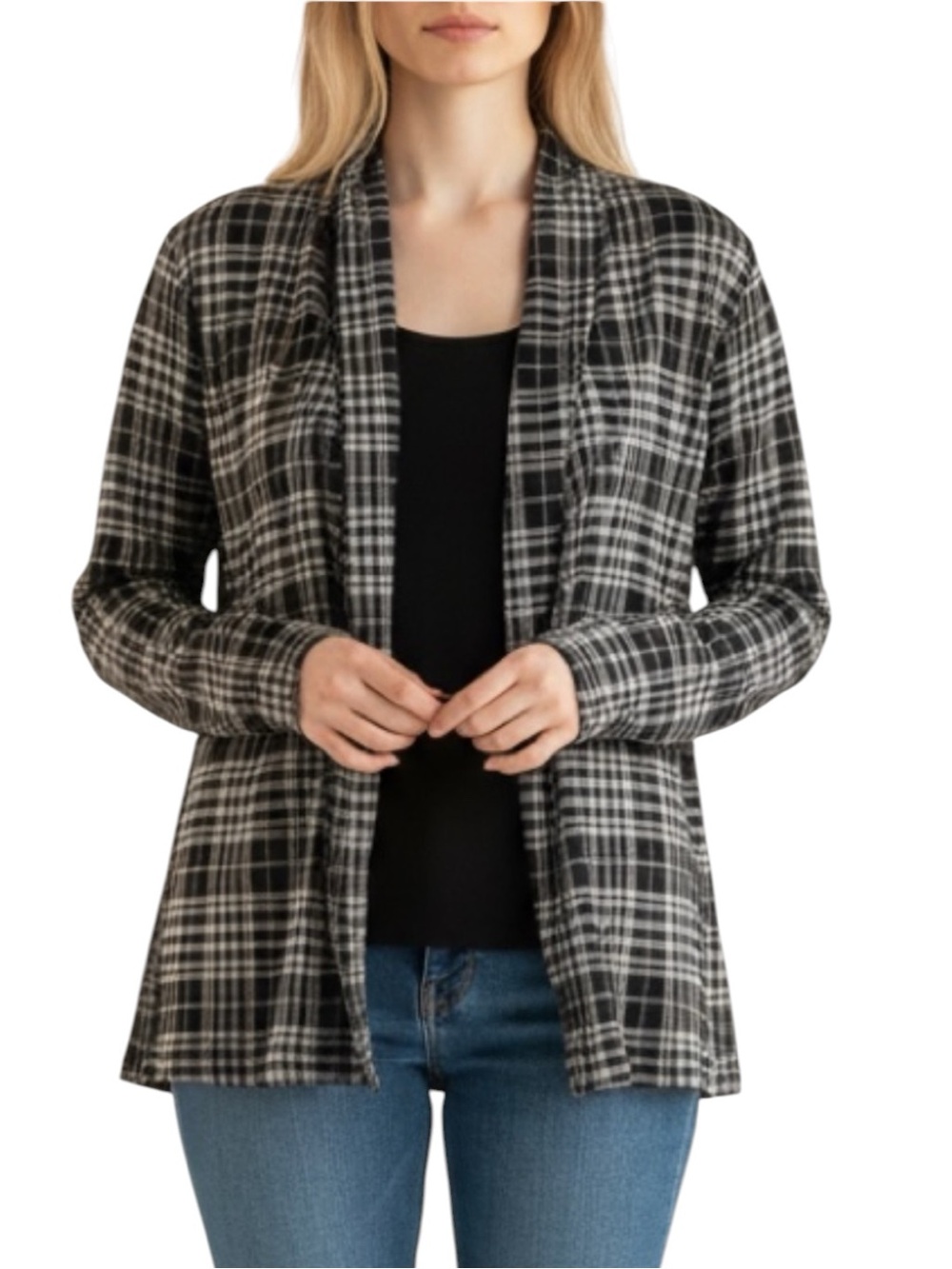 JM Fleurette Layered Plaid Open Front Cardigan Blouse XL